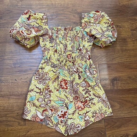 Ulla Johnson Arlo shirred printed cotton-poplin playsuit romper in marigold - Picture 6 of 9
